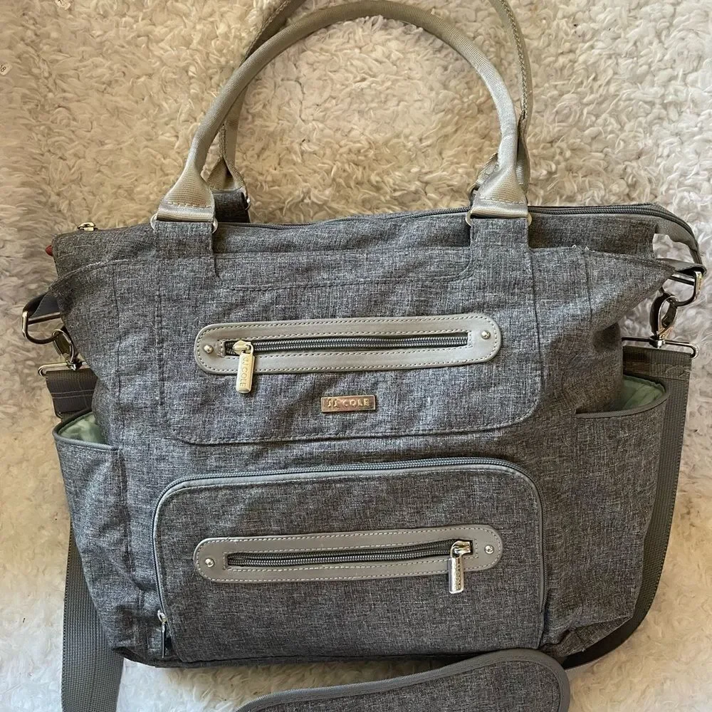 JJ Cole light gray fabric Caprice diaper bag aqua blue lining .